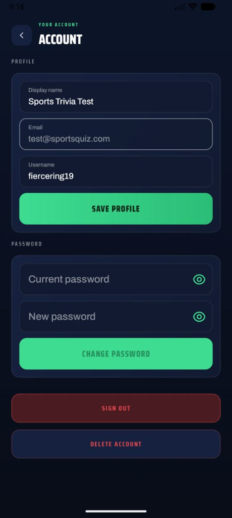 SportsQuiz Account screen with the Delete Account button at the bottom